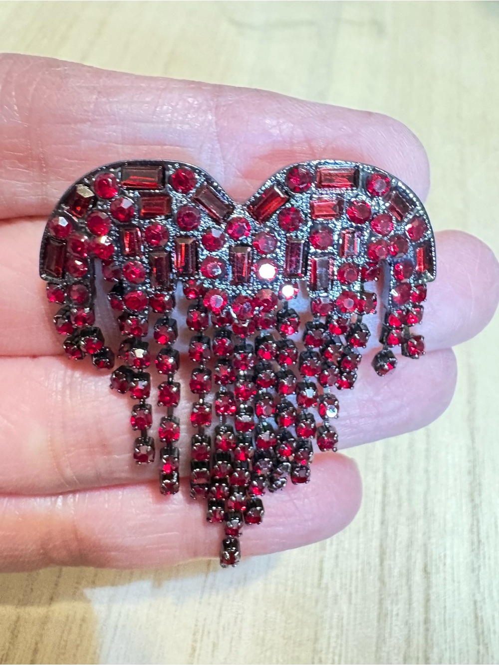Red Crystal Heart Fringe Brooch - Women's Jewelry